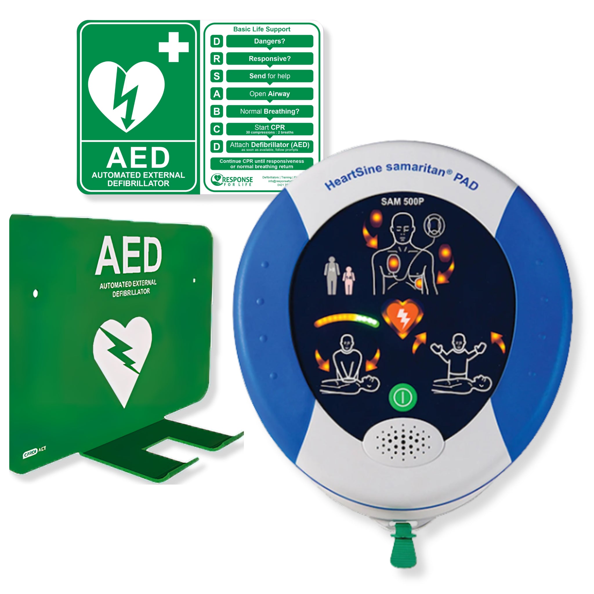 HeartSine Samaritan PAD 500P Defibrillator Package with Wall Bracket - Green Bracket