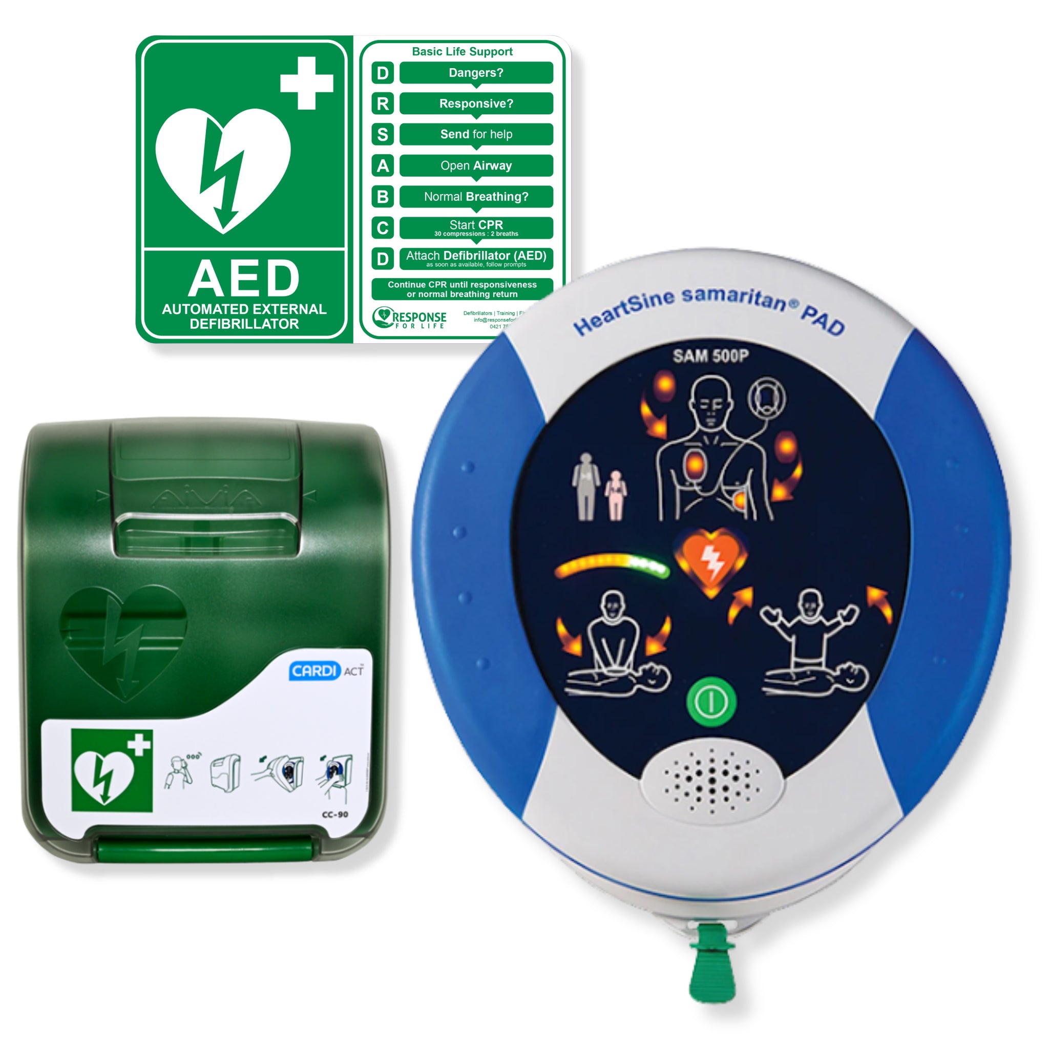 HeartSine Samaritan PAD 500P Defibrillator Package with Wall Cabinet - CARDIACT Alarmed Outdoor AED Wall Cabinet CC-90