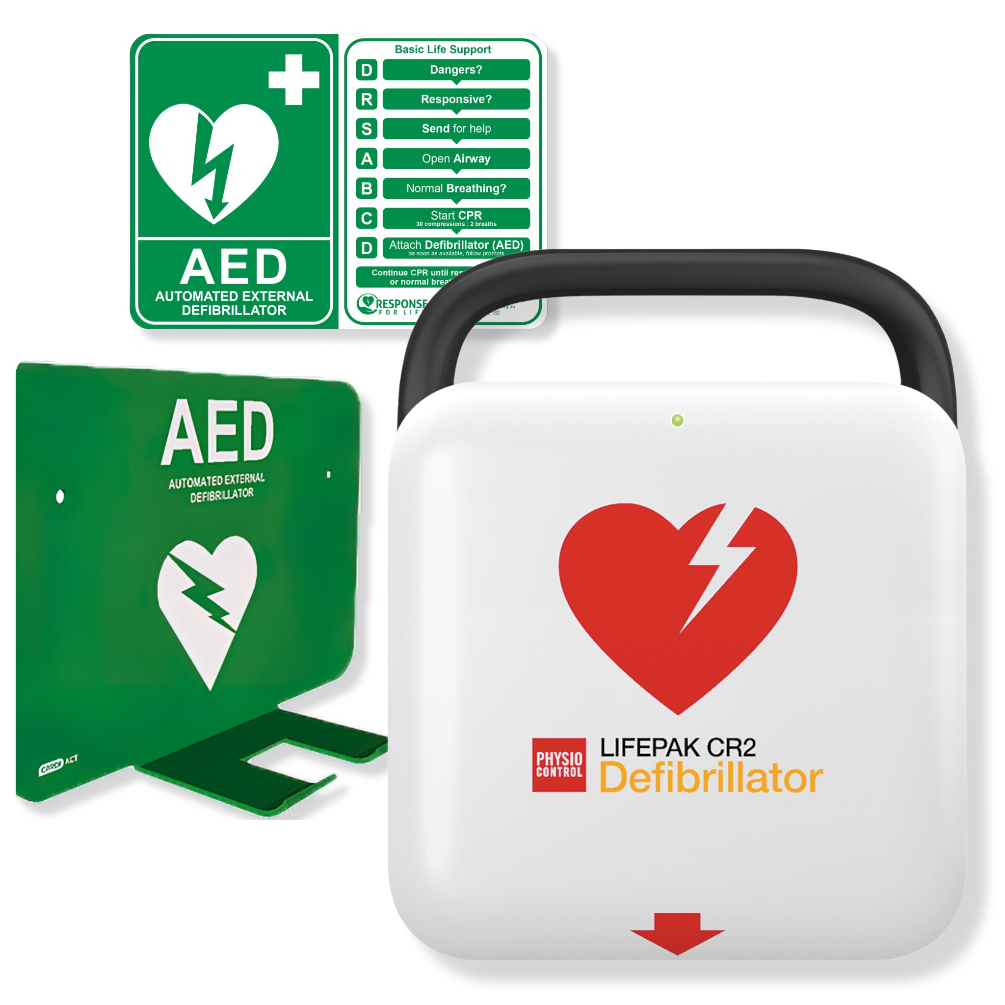 LIFEPAK CR2 Essential Defibrillator Package with Wall Bracket - Green Bracket