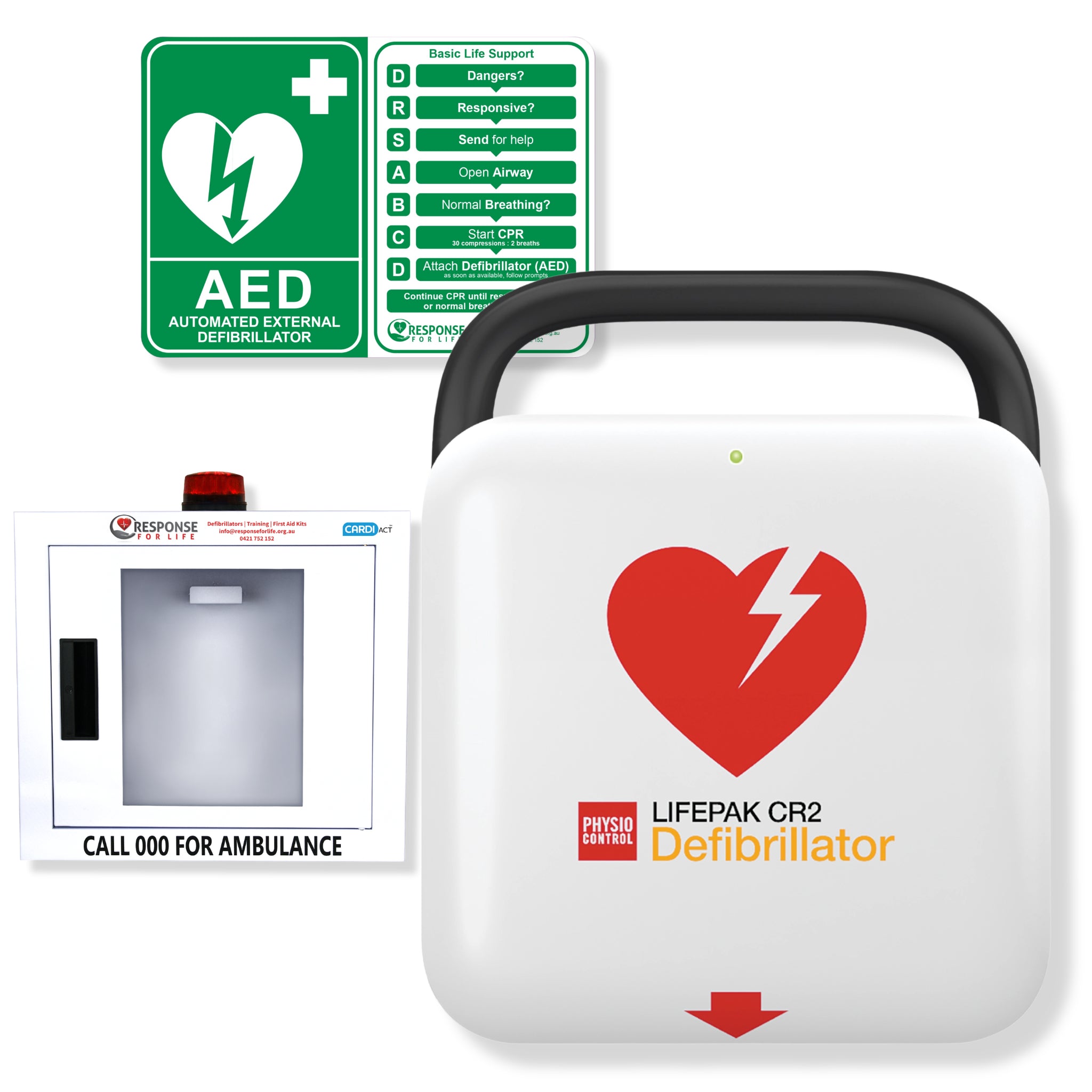 LIFEPAK CR2 Essential Defibrillator Package with Wall Cabinet - CARDIACT Alarmed AED Wall Cabinet with Strobe Light CC-50