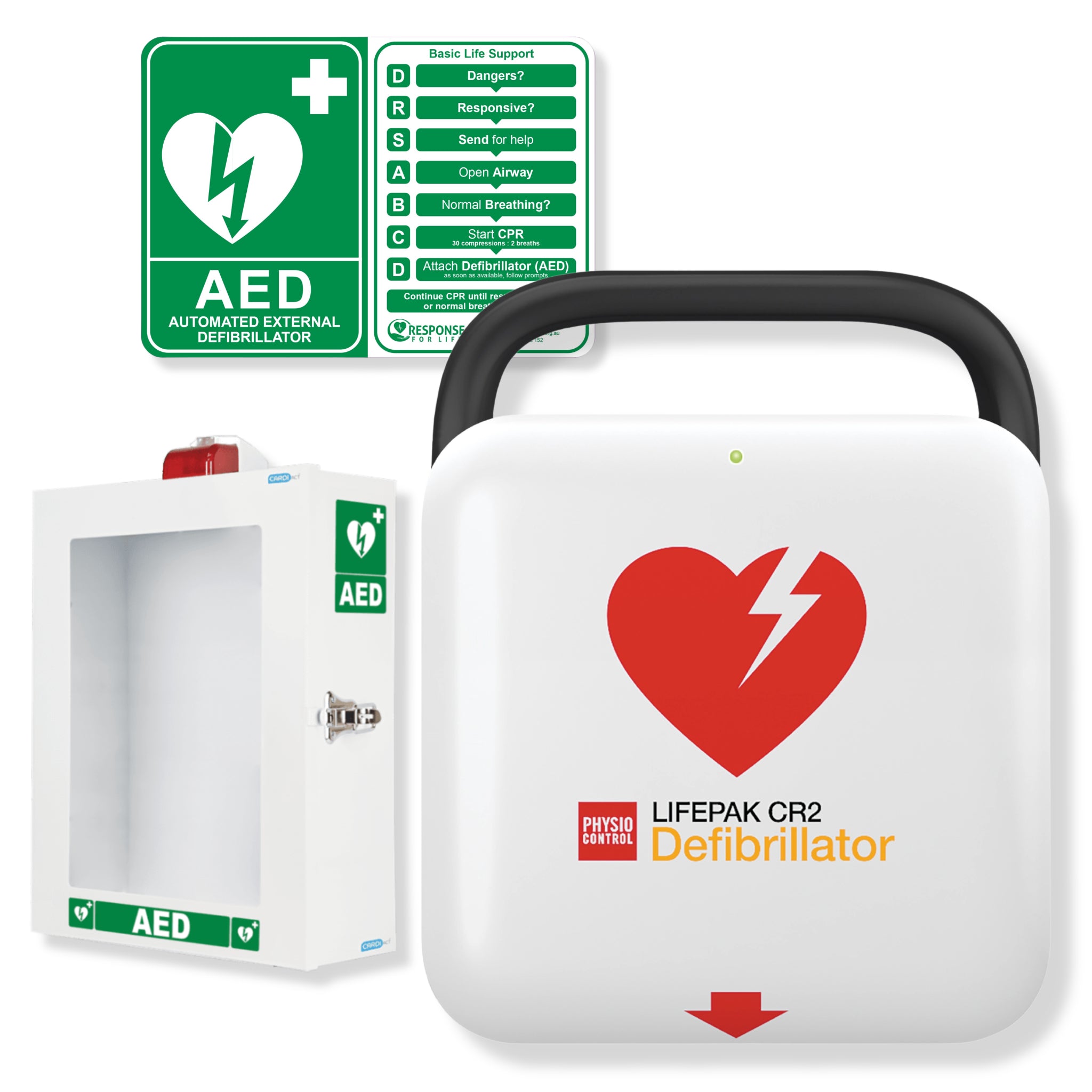 LIFEPAK CR2 Essential Defibrillator Package with Wall Cabinet - Cardiact Alarmed AED Wall Cabinet CC-30