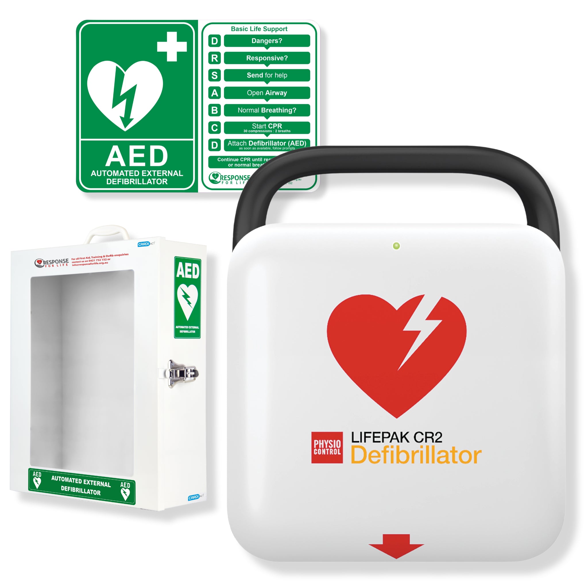 LIFEPAK CR2 Essential Defibrillator Package with Wall Cabinet - Cardiact Standard AED Wall Cabinet CC-25