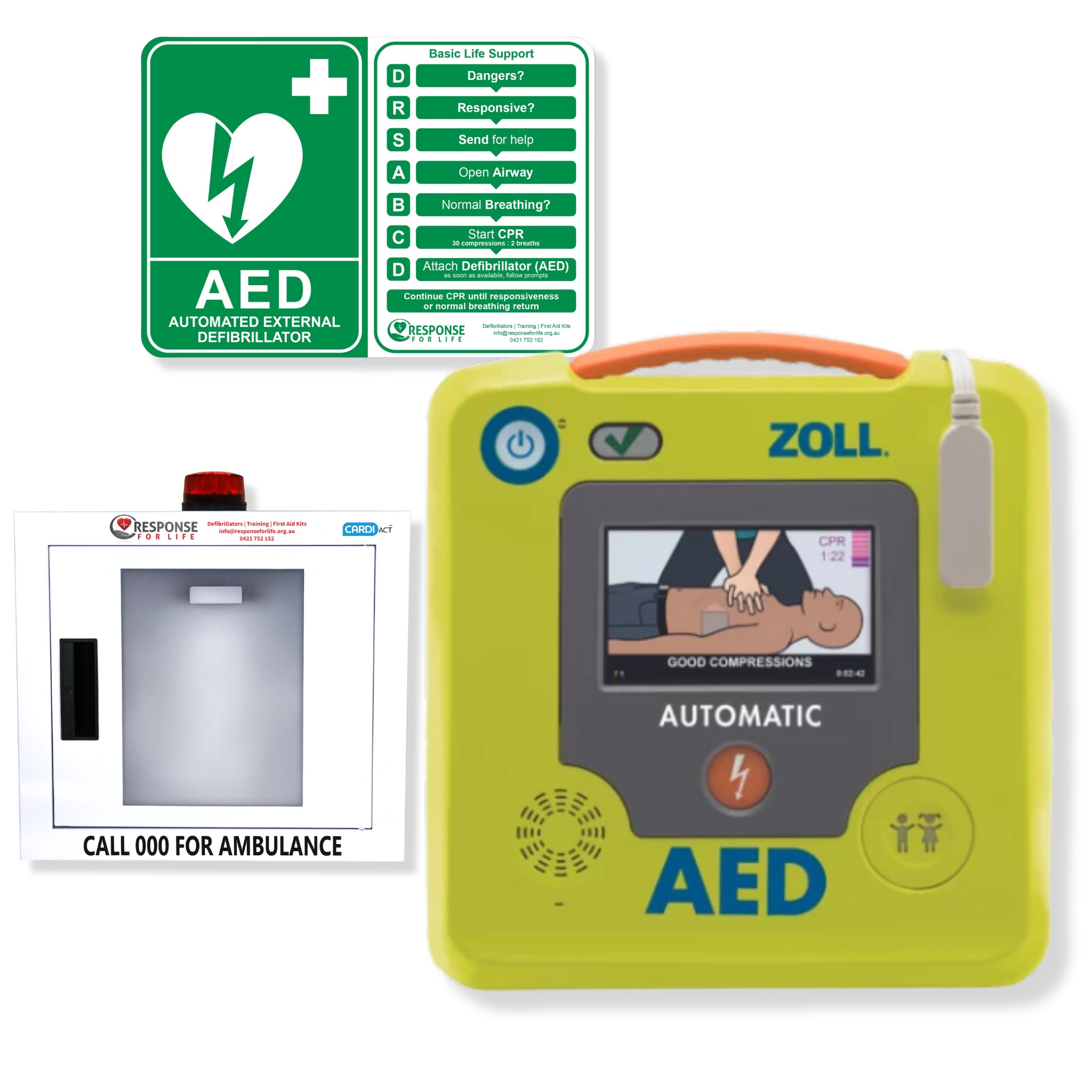 ZOLL AED 3 Defibrillator Package with Wall Cabinet - CARDIACT Alarmed AED Wall Cabinet with Strobe Light CC-50
