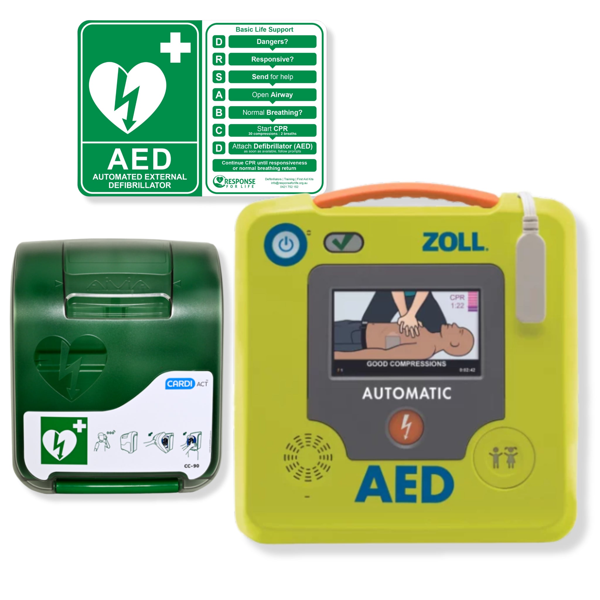 ZOLL AED 3 Defibrillator Package with Wall Cabinet - CARDIACT Alarmed Outdoor AED Wall Cabinet CC-90
