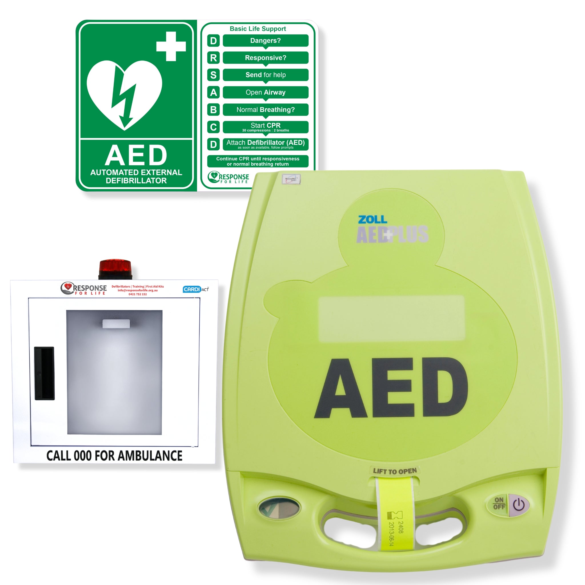 ZOLL AED Plus Defibrillator Package with Wall Cabinet - CARDIACT Alarmed AED Wall Cabinet with Strobe Light CC-50